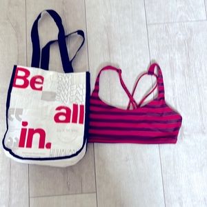 LULU LEMON SZ 4  YOGA BRA WORN ONCE DEEP RED & WINE STRIPES WITH CRISCROSS BACK